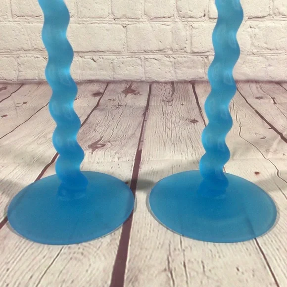 Vintage Tiffin Glass Blue Spiral Swirl Taper Candle Holder Pair Made in the USA - Picture 4 of 5